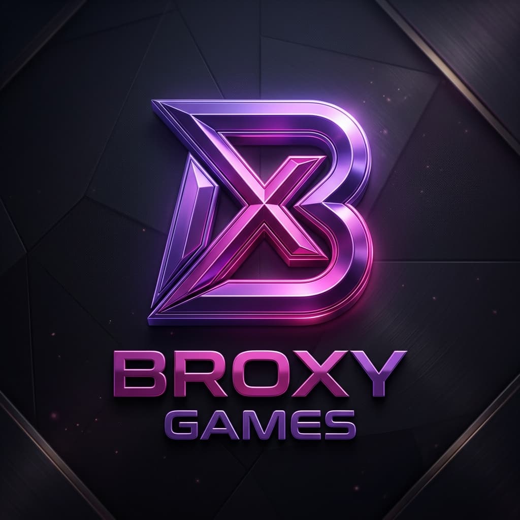 Broxy Games logo — a metallic violet BX monogram on a dark faceted background